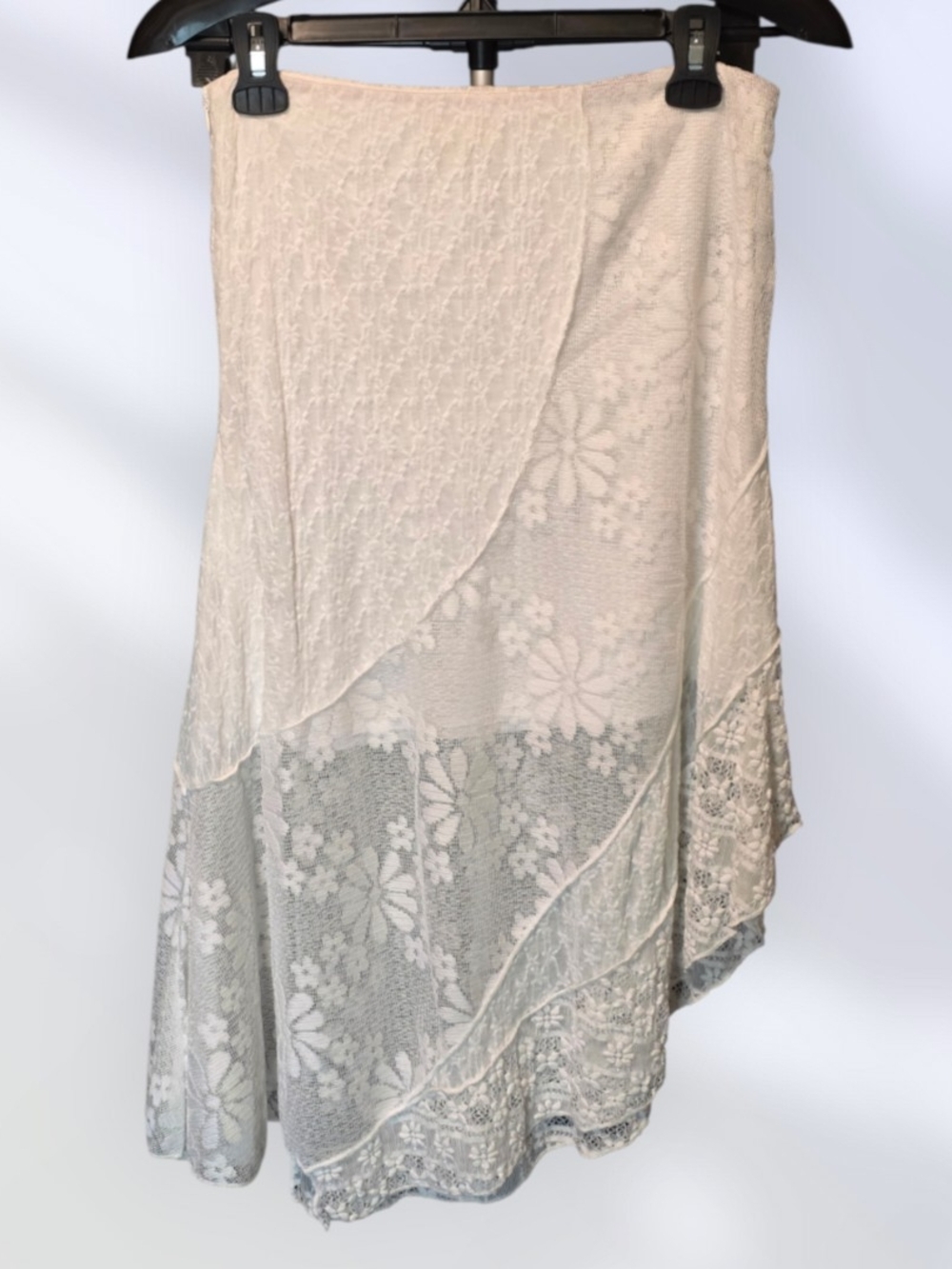 POL Cream Asymmetrical Lace-Panel Midi Skirt